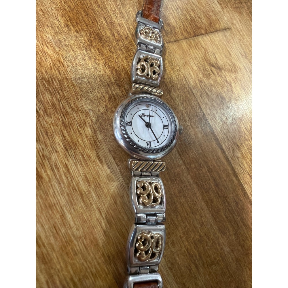 Brighton Camden Watch Women Silver Gold Leather Band Scrollwork Reversible